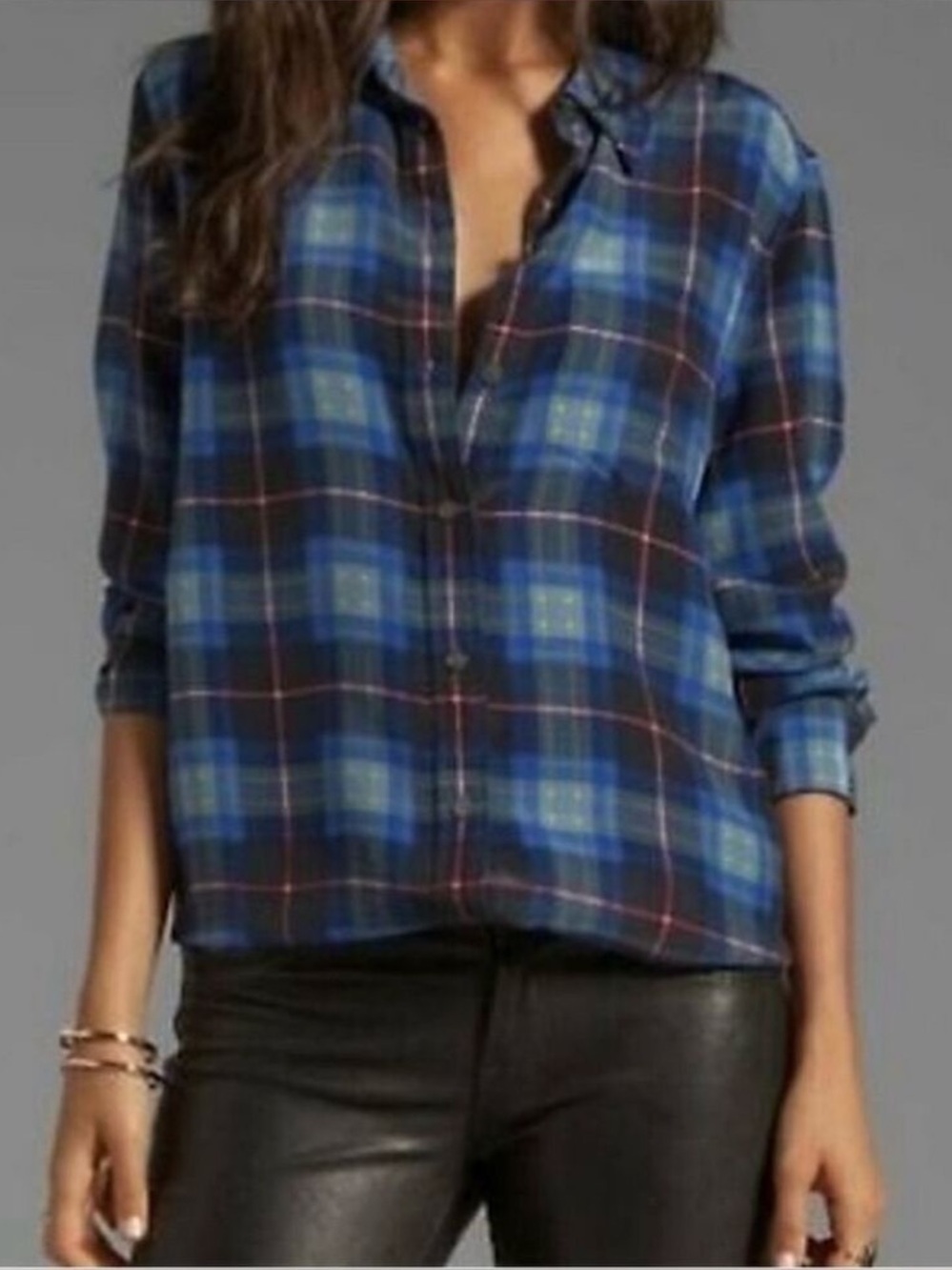 Equipment signature silk blue red plaid button down blouse top XS